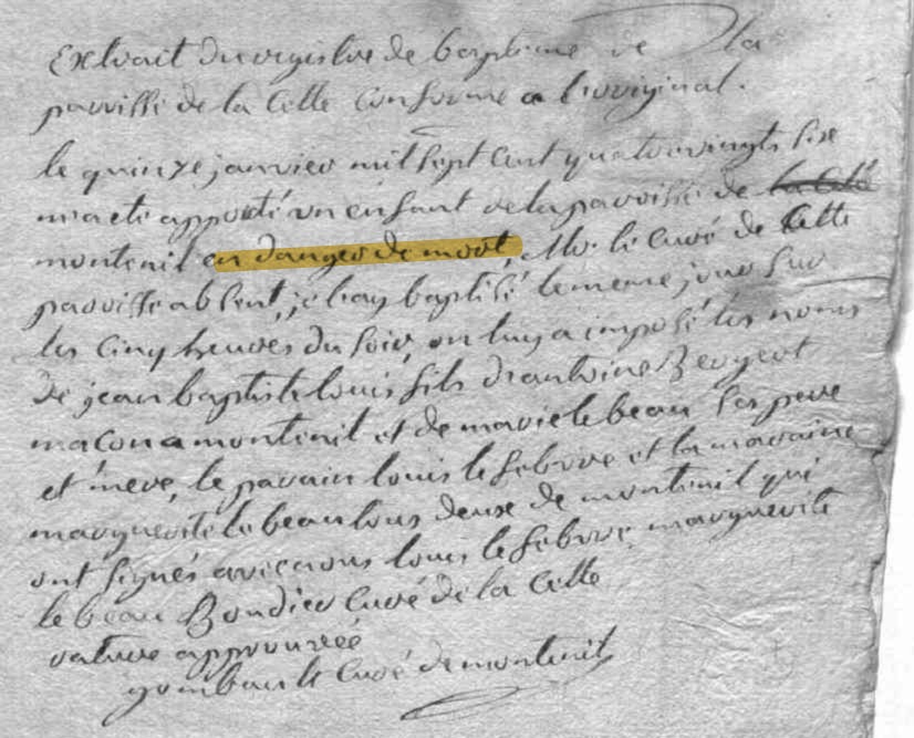 Baptism record Jean Baptiste Louis Berjot 1786 Montenils enfant en danger de mort