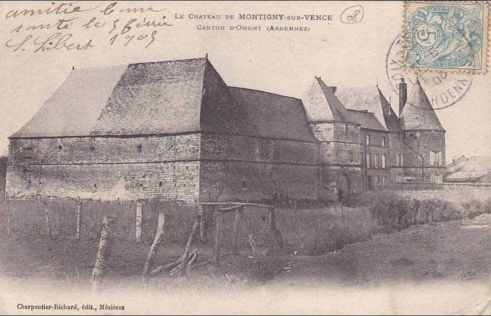 Old post card of the Castle of Montigny-sur-Vence, Ardennes where Charles de L'Escuyer and Madeleine de Hénin-Liétard lived