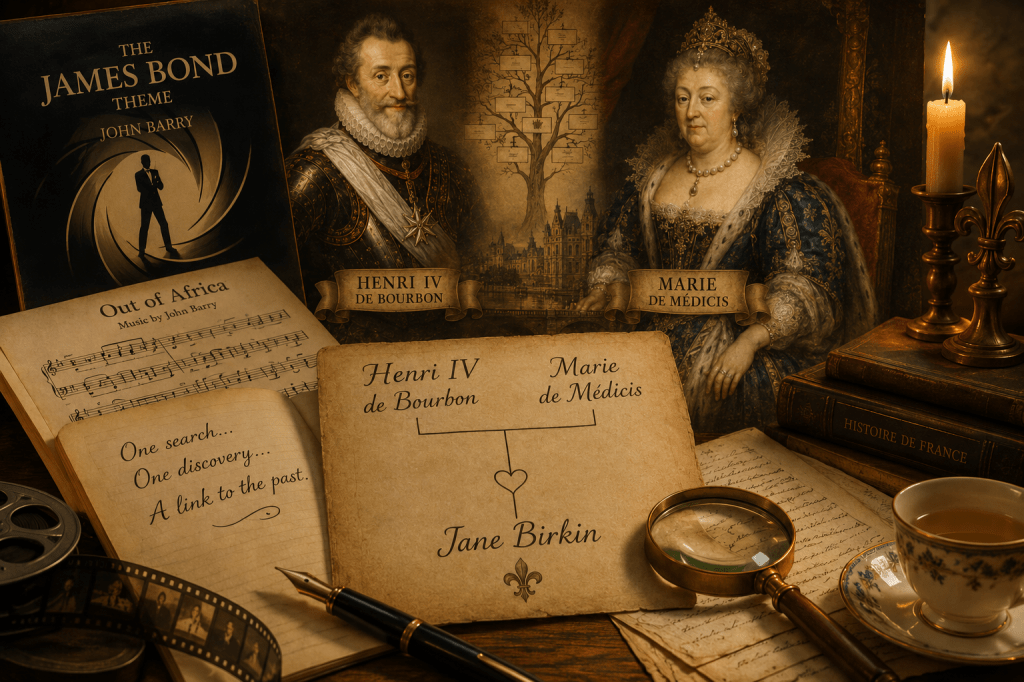 Parchemin généalogique illustrant Henri IV et Marie de Médicis en haut, reliés à Jane Birkin en bas, avec une ambiance historique et des objets d’archives autour.