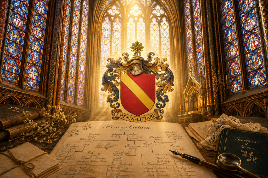 Hénin-Liétard family coat of arms over genealogy chart in Sainte-Chapelle, Paris, with historical manuscripts