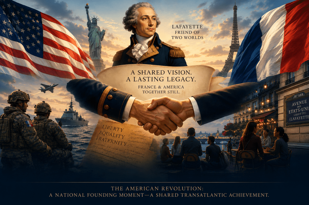 Symbolic illustration of the enduring Franco-American Alliance featuring Lafayette, intertwined French and American flags, a handshake across the Atlantic, and imagery representing shared military, cultural, and democratic ideals.