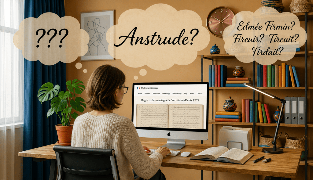 A genealogist researches an old French marriage register on a computer while pondering the mysterious place name “Anstrude” and uncertain surname spellings, illustrated with thought bubbles in a cozy home office.