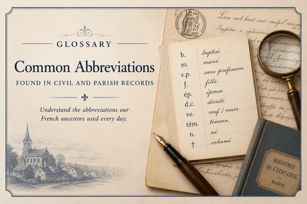 Vintage genealogy illustration showing common abbreviations found in French civil and parish records, with handwritten register notes, a fountain pen, magnifying glass, and historical documents.