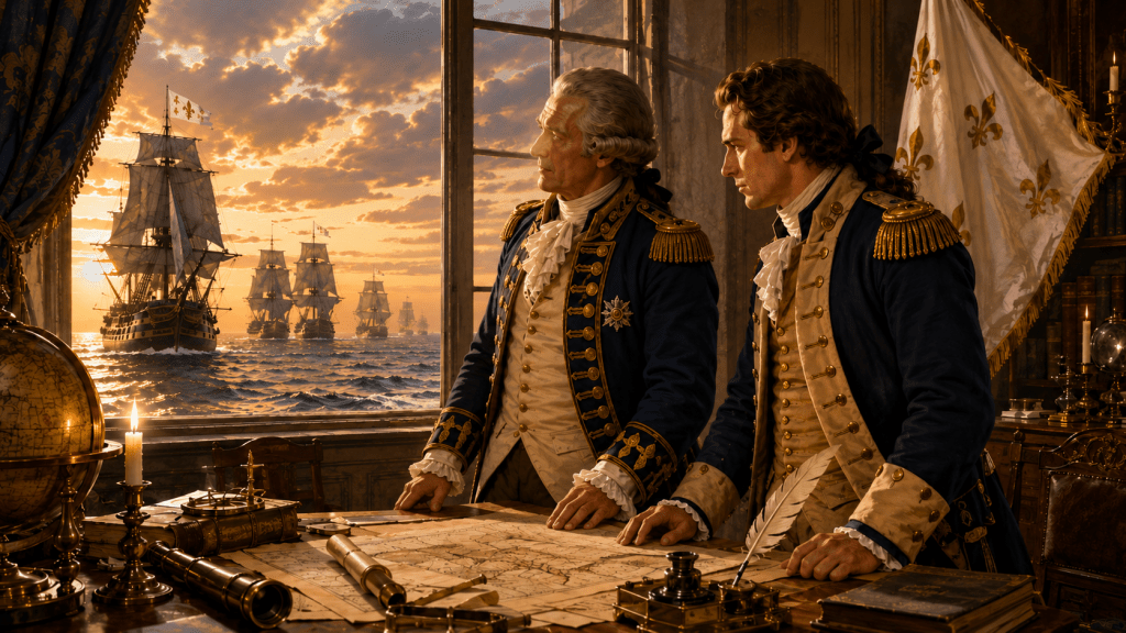 French naval officers observing a fleet sailing toward America during the American Revolution, standing over maps in an elegant eighteenth-century study at sunset.
