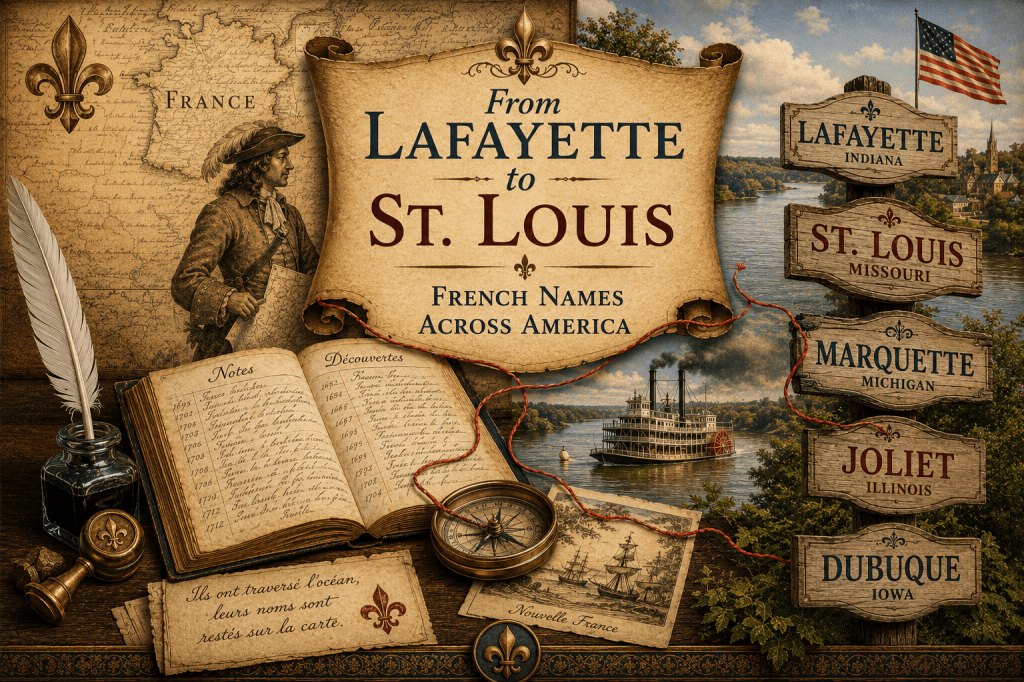 Vintage-style illustration showing French historical influence in America, with a map of France, an explorer, genealogy notes, river scenes, and signposts for Lafayette, St. Louis, Marquette, Joliet, and Dubuque.