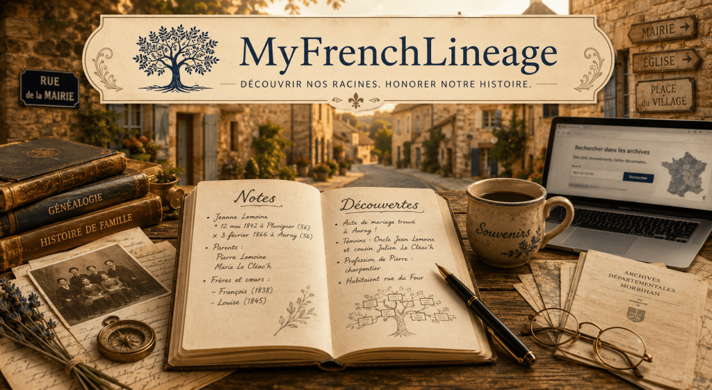 Genealogy research scene featuring family history books, old photographs, handwritten notes, archival records, and a laptop displaying French archives, set in a traditional French village street.