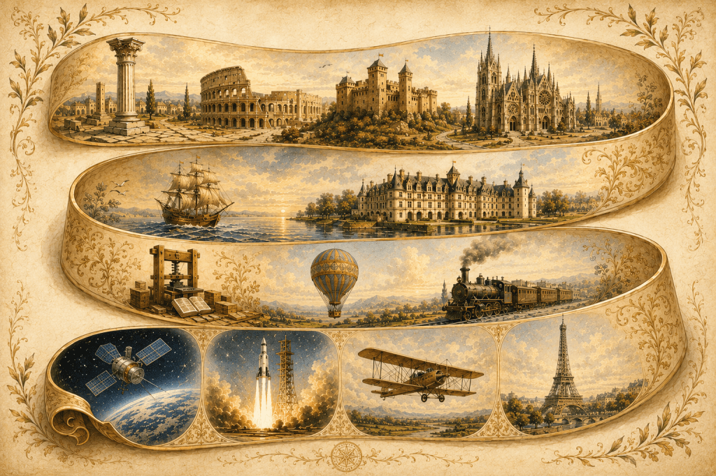 Illustrated historical timeline unfolding as a continuous parchment ribbon from ancient Rome to the Space Age, featuring iconic landmarks and inventions that symbolize twenty centuries of French and world history.