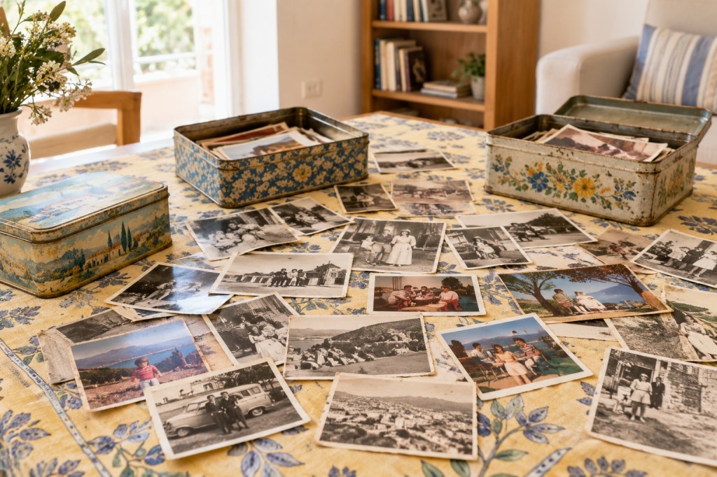 Old family photographs spread across a Provençal tablecloth with vintage tin boxes in a modern living room