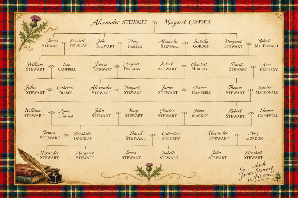 Vintage Scottish genealogy family tree featuring Stewart family members marrying other Scottish families, framed by Royal Stewart tartan.