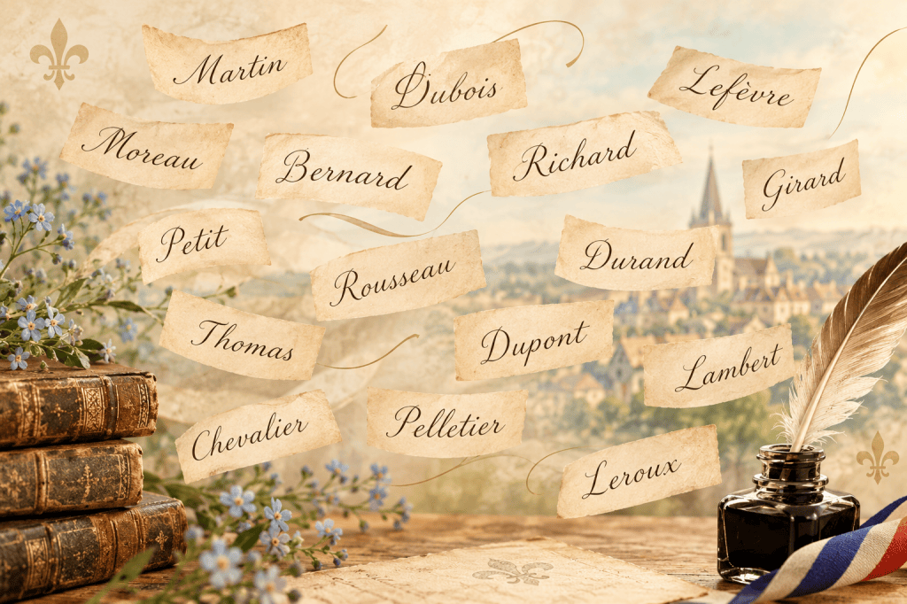 French family names floating above old books with a village and church in the background