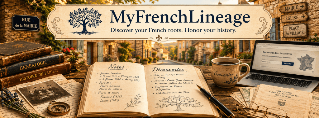 MyFrenchLineage genealogy banner with a French village, family history books, archival documents, and a family tree