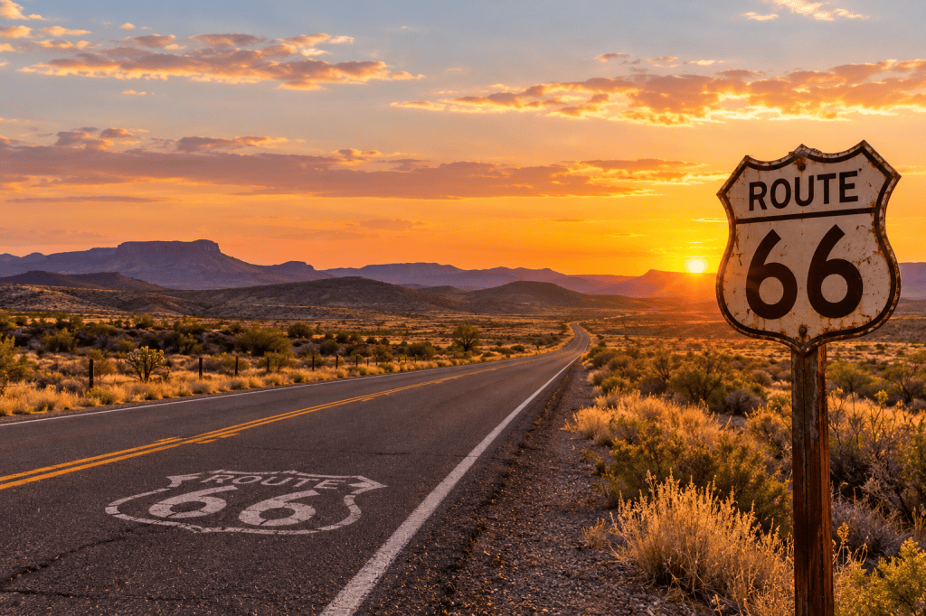 Historic Route 66 winding through the Arizona high desert at sunset, with distant mesas, desert scrub, and a weathered Route 66 sign.